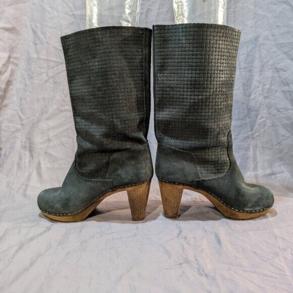 Sanita Black Suede Pattern Mid Calf Wooden Clog Heel Boots Women Size 37 - Picture 5 of 11